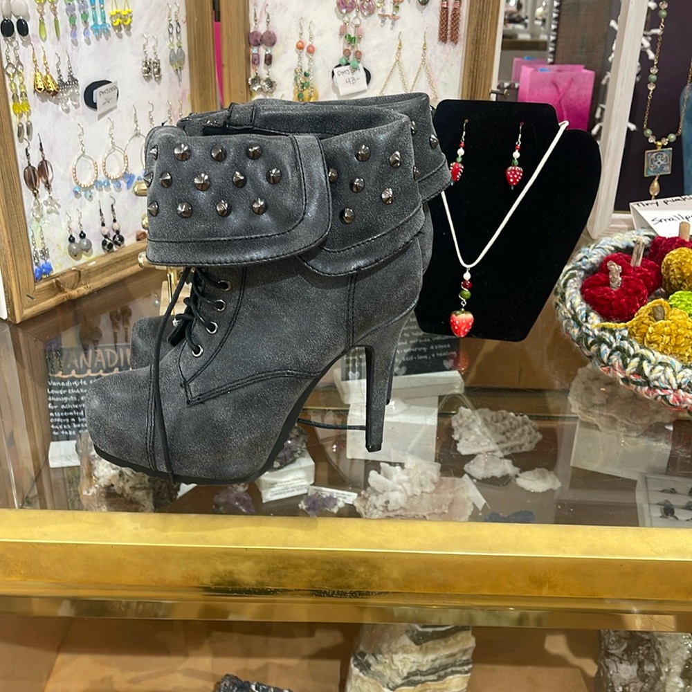 Grey Heeled Studded Boots